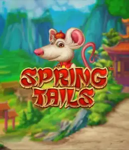 An enchanting illustration of a mouse dressed in traditional Chinese attire positioned in front of a vibrant mountain backdrop. The image promotes the Spring Tails game by Betsoft, highlighted with bold red and gold logo lettering.